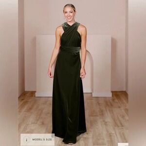 Revelry Micah Olive Green Velvet Halter Maxi Dress Convertible Bridesmaid Formal